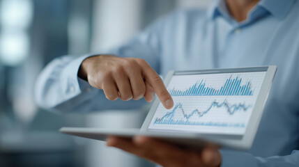 Fototapeta premium Executive examining 3D holographic graphs and digital dashboards displaying stocks, real estate, and assets, representing wealth management, modern financial planning, portfolio diversification,