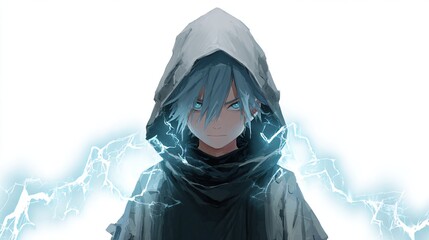 A hooded anime character with blue hair and glowing eyes, crackling electricity emanating outwards