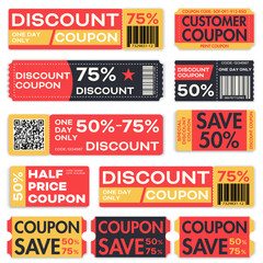 Discount Coupons Set Promotional Tickets with Percent Off and Barcode