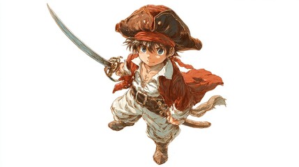 A young pirate boy in a tricorn hat, red scarf, jacket, and white breeches, brandishing a cutlass