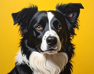 Captivating Border Collie Portrait Against a Vibrant Yellow Backdrop.