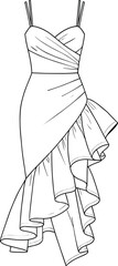 cad drawing flat vector illustration, asymmetrical ruffle hem dress with spaghetti straps, elegant evening cocktail party wear, technical sketch