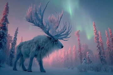 Majestic white elk in snowy winter wonderland under the aurora borealis glow, an enchanting scene perfect for holiday campaigns and winter promotions