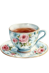 Fototapeta premium Delicate porcelain teacup with floral rose pattern filled with tea sits on matching saucer, evoking sense of elegance and tranquility