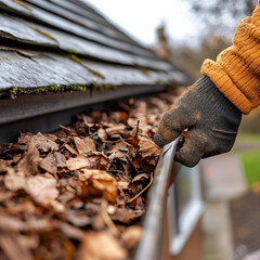 Worker cleaning roof gutter filled with autumn leaves