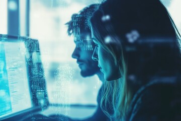 Two focused individuals, a man and a woman, immersed in a digital task with code overlays, symbolizing technology, programming, or cybersecurity.