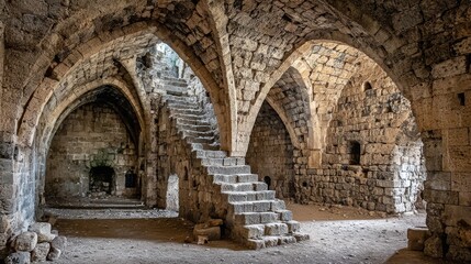 An ancient, empty stone hall illuminated dimly, featuring grand arched ceilings and steps, evoking a sense of historical grandeur and timeless silence.