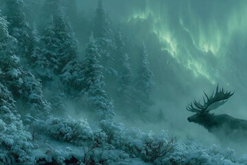 Magical winter wonderland with majestic stag under the mesmerizing aurora borealis, perfect for fantasy book covers or inspiring travel blogs