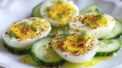 A visually appealing close-up shot captures perfectly prepared hard-boiled egg halves, vibrantly seasoned with a sprinkle of colorful spices and fresh green dill. These nutritious egg portions are ele - Powered by Adobe