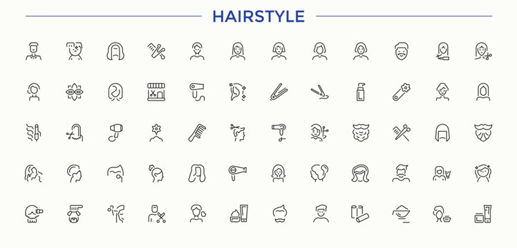 Hairstyle modern icon set. Line icons with editable stroke. Editable vector stroke. Barbershop icon set. Includes symbols for barber, salon, hairdresser, dresser, haircut and more.