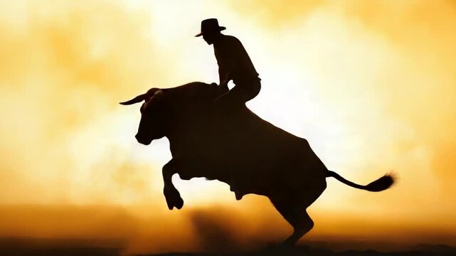 Silhouette of a cowboy riding a bucking bull against a dramatic sunset sky.
