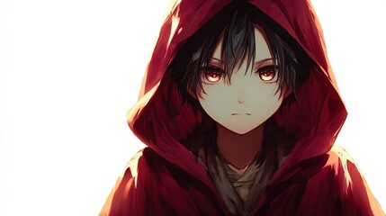 Anime-style illustration. A somber-eyed character with dark hair is cloaked in a vibrant red hood, facing forward