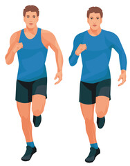Two Isolated Running Man Figures Front View in Blue Summer and Winter Sportswear