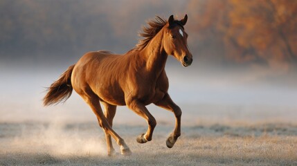 Obraz premium Brown horse galloping freely across a misty meadow during early morning hours in the countryside
