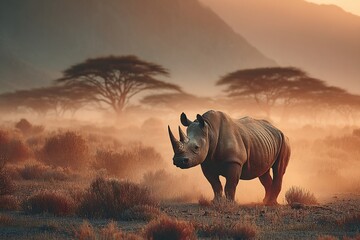 Majestic rhino standing proudly in the African savanna at sunset creating a stunning wildlife scene perfect for conservation campaigns and travel inspiration
