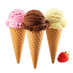 Three delicious ice cream cones with strawberry chocolate and vanilla flavors a sweet treat.