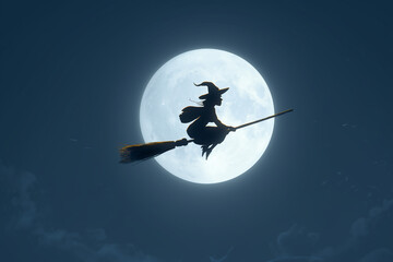 Obraz premium Witch flying on a broomstick across the moon, digital illustration, cartoon style, clean lines, halloween theme