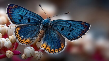 Stunning azure butterfly resting delicately on blossoms, a vibrant nature scene perfect for spring designs and wildlife projects, beautifully detailed