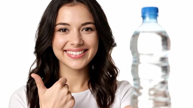 Woman Smiling Shows Water Bottle and Gives Thumbs Up, Isolated on White