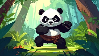 Fototapeta premium Determined Panda Ready for Action in Lush Forest Setting.