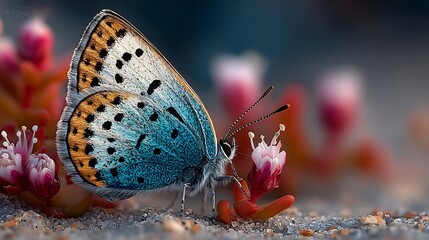 Stunning close-up of a vibrant blue butterfly gracefully perched on a delicate pink flower, creating a beautiful and serene natural scene for spring designs
