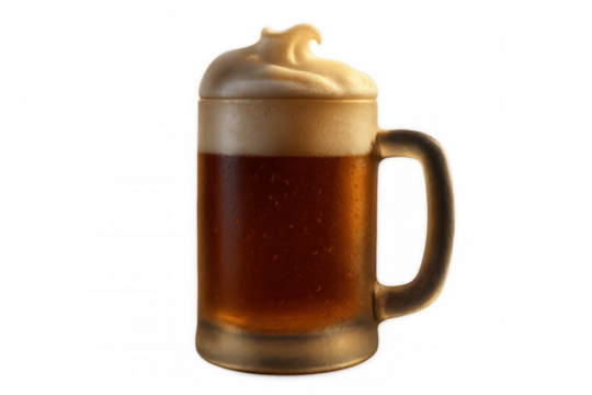 Cold beer mug filling with foamy head, refreshing alcoholic drink on transparent background