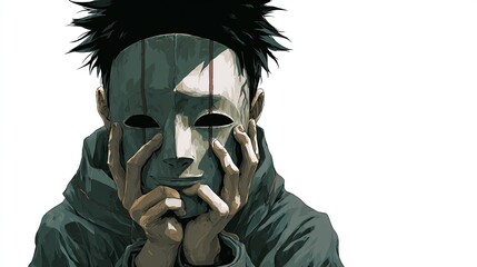 A person wearing a pale mask, partially obscuring the face, hands cradling the mask, against white