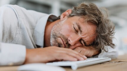 Tired man sleeping on desk during work hours in a modern office in the afternoon