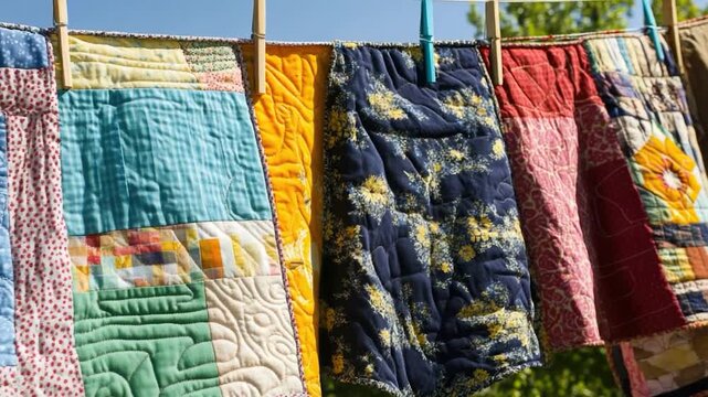 Quilts hanging on a clothesline, various colors and patterns