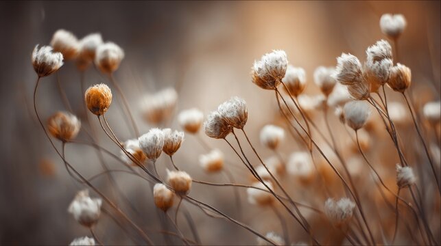 Beautiful meadow flowers, a fresh morning suffused in soft, warm light. A vintage autumn scene with an indistinct natural background. Defocused nature.