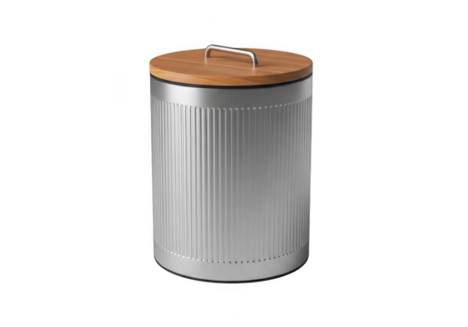 Galvanized metal trash can with wooden lid isolated on transparent background