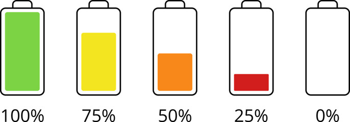 Battery charge level indicator set in percent. Battery icons set. battery charging level indicator icon.