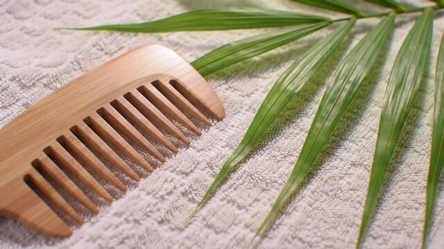 Natural bamboo comb rests near fern leaves