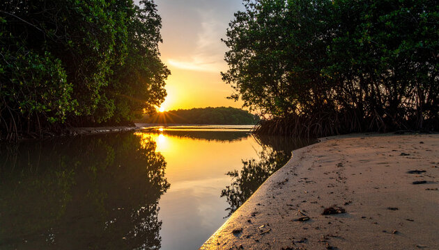 A serene view of Liberia's Cavalla River at sunset bordered by mangroves and sandy banks.