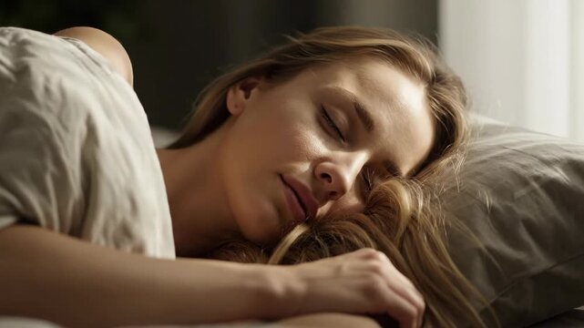 Woman Sleeping Peacefully in Her Bed at Night During Nighttime in Her Bedroom