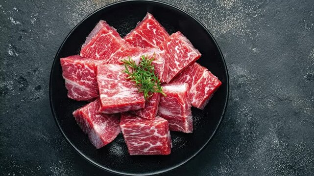 A visually appealing, top-down shot features an exquisite arrangement of raw beef cubes, showcasing their rich red color and intricate white marbling. The meticulously cut chunks of fresh meat are car