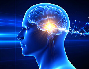Obraz premium Illuminated human brain with glowing neural activity and abstract wave patterns, symbolizing intelligence and cognitive function