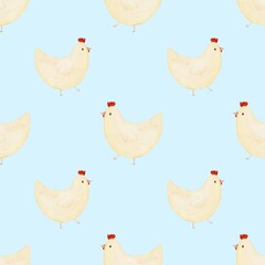 Cute seamless pattern with watercolor chickens on light blue background .