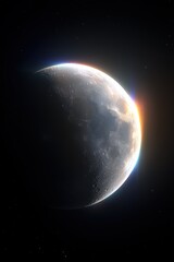 Naklejka premium Waxing Gibbous Moon with Sunrise Glow in Space