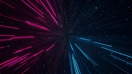 Naklejka premium Dynamic neon speed lines in motion, abstract energy flow of pink and blue light in futuristic background symbolizing speed and technology.