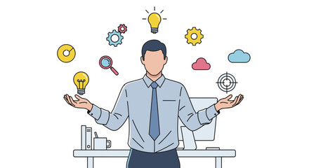 Businessman balancing ideas and concepts multitasking business strategy innovation.
