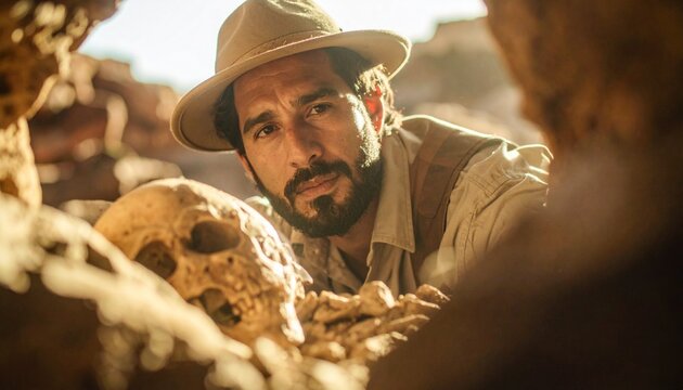 An archaeologist in a fedora hat carefully examines a human skull during an excavation in a rocky, sunlit location.