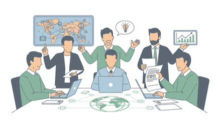 Business team meeting and global strategy planning with world map.