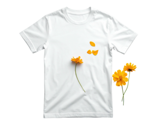 White T Shirt with Delicate Orange Flower Graphic Design.