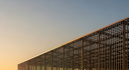 Architectural Elegance: A modern building's intricate metal framework rises gracefully against a gradient sky, the play of light creating a dance of shadows and highlights.