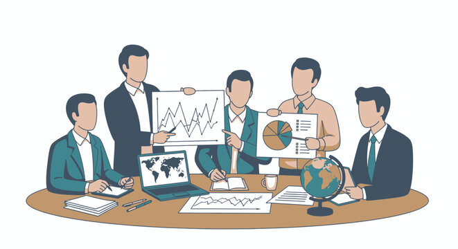 Business team meeting discussing financial data and global strategy.