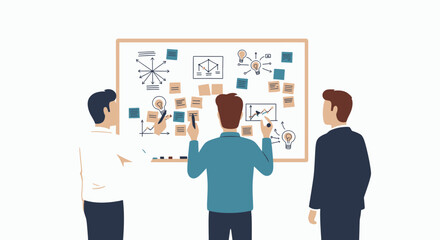 Teamwork and brainstorming session with whiteboard and sticky notes.