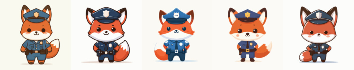 Naklejka premium Set of five charming chibi fox illustrations wearing police uniforms. Anthropomorphic animal cop character design concept
