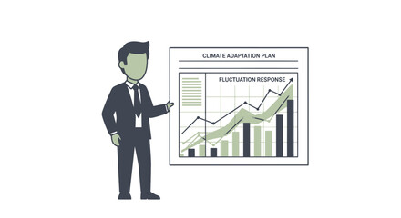 Business professional presenting climate adaptation plan with fluctuation response graph.