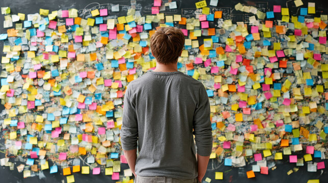 Person stands in front of large blackboard covered with colorful sticky notes, contemplating ideas and brainstorming. scene is vibrant and creative, suggesting dynamic and innovative environment